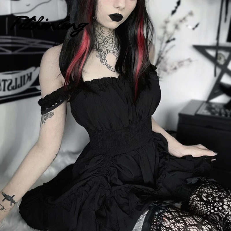

Fitshinling Lolita Goth Dress Camisole Solid Irregularity Gothic Dark Punk Halter Pleated Vestido Feminino Tiered Dresses Robe