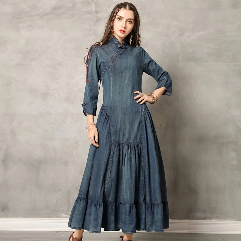 

Women Spring Ruffled Long Sleeve Denim Maxi Cheongsam Dress For Women Swing High Waist A Line Denim Dress Slim Long Jean Dress