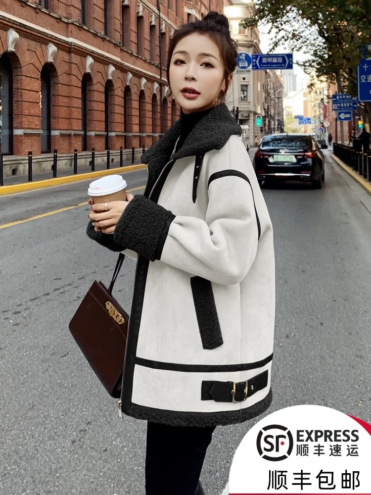 

Women 2021 Autumn Winter Fashion Thick Warm Retro Suede Lambs Wool Motorcycle Jacket Female Loose Man-made Leather Jackets C545