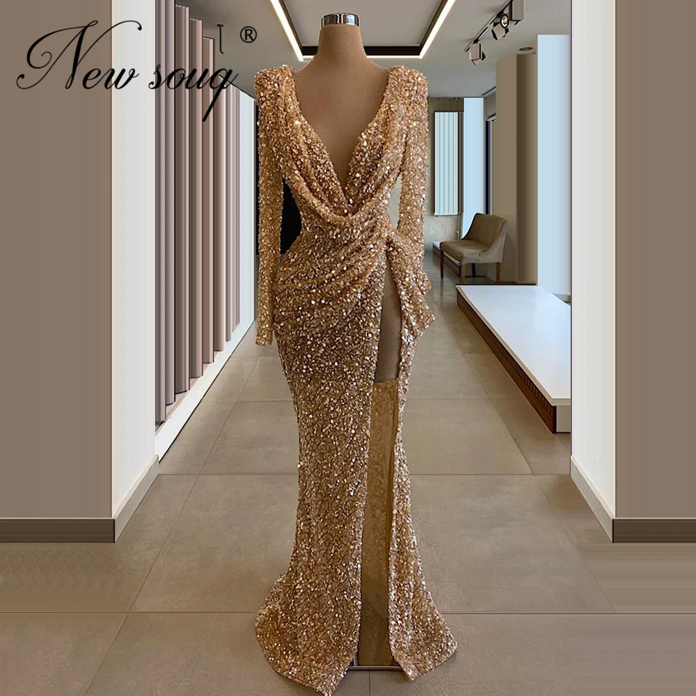 

Gold Shiny Beaded Evening Dress Middle East Newest Chic Formal Islamic Prom Gowns For Women Deep V neck Party Dresses 2020 Dubai