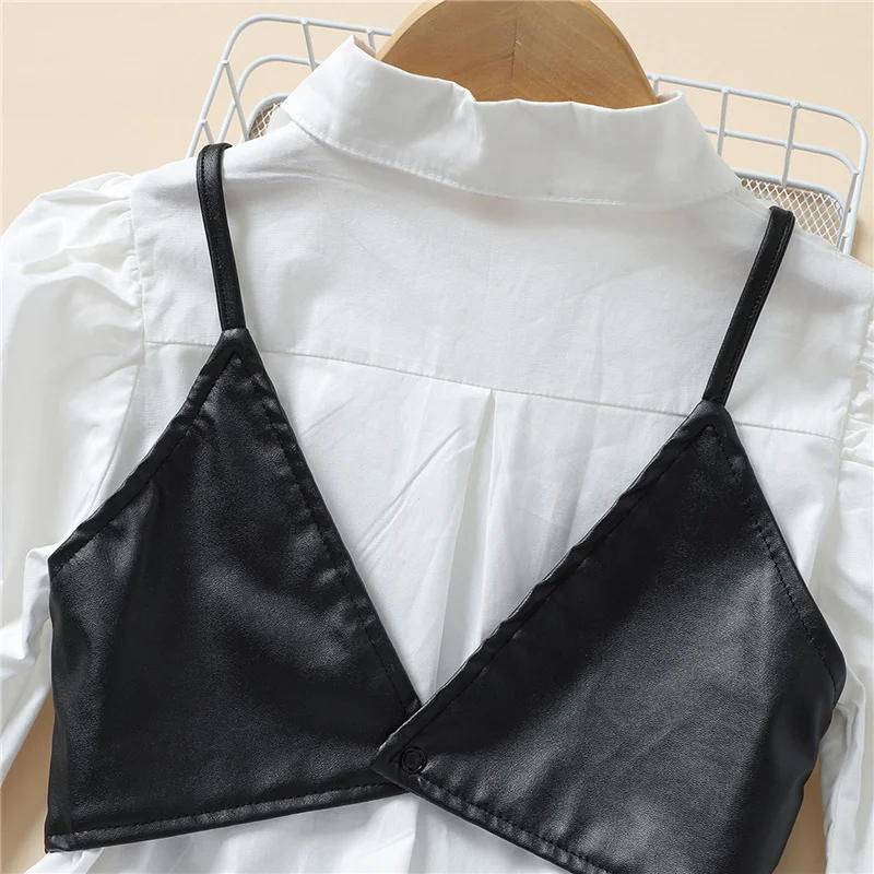 

2-7Years Autumn Children Girls Long Sleeve Dress + Vest,Girls Casual Fashion Solid Color Lapel Shirt Dress with Leather Camisole