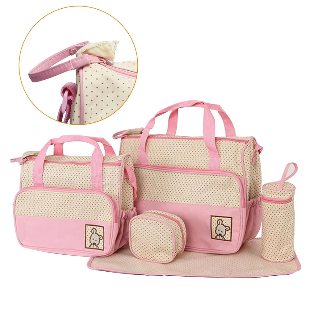 

5pcs Baby For Mom Diaper Bags Set Dots Print Changing Nappy Stroller Straps Multifunctional Practical Durable Waterproof