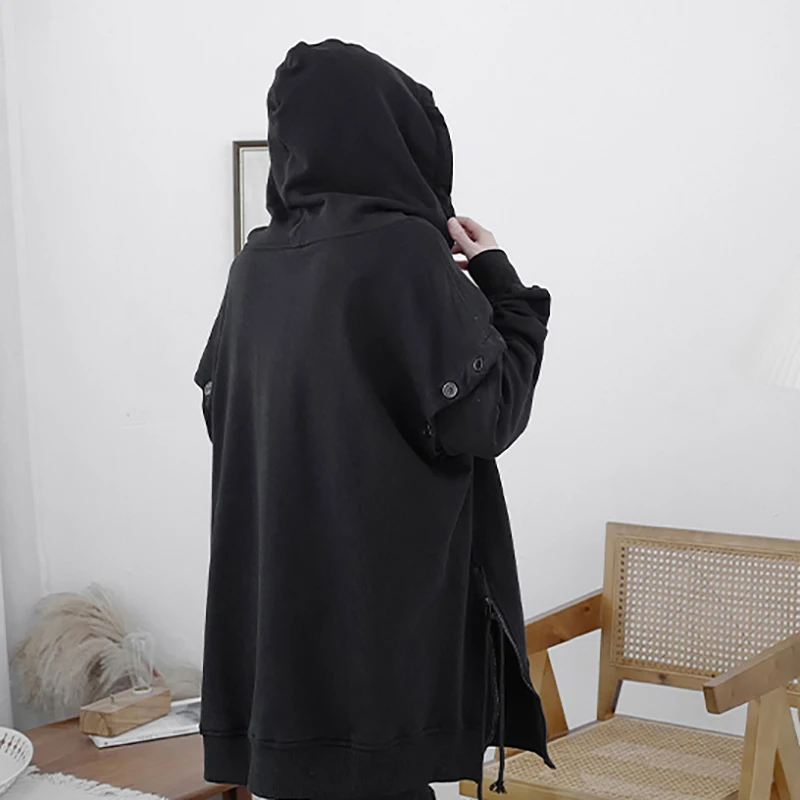 

[EAM] Loose Fit Black Irregular Long Sweatshirt New Hooded Long Sleeve Women Big Size Fashion Spring Autumn 2021 1DD1581