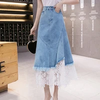 new korean denim skirt female 2021 summer high waist one piece irregular a line lace stitched denim skirt fashion ladies skirts