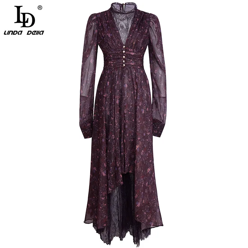 

LD LINDA DELLA New 2021 Spring Summer Fashion Runway Elegant Party Dresses Women V Neck Peplum Ruched Lace Asymmetrical Dress
