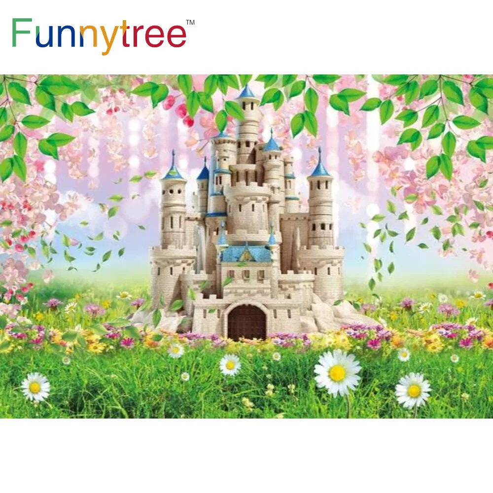 

Funnytree Spring Castle Backdrop Flower Grassland Princess Baby Shower Birthday Party Supplies Custom Decor Banner Cake Table