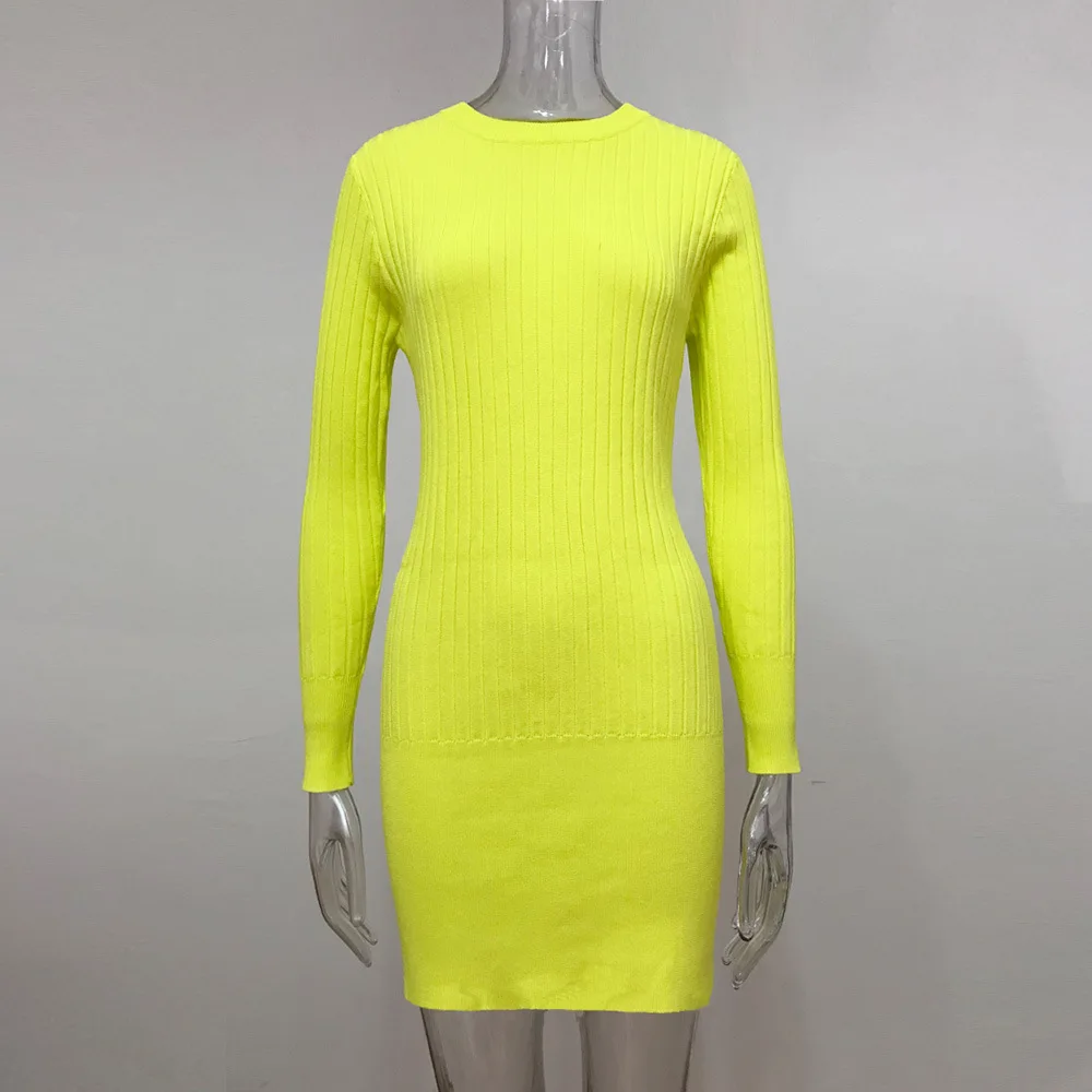 

Autumn Winter Neon Color Knitted Sweater Dress Women Casual Sheath O-Neck Pullover Female Knitted Jumper Dress Vestidos Feminino