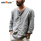 Covrlge Однотонная рубашка с длинным рукавом мужская рубашка Удобная хлопковая льняная Футболка модная мужская одежда с V-образным вырезом и завязками MTL149