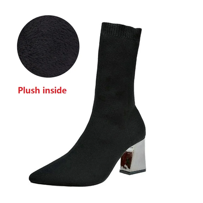 Plush inside Женские вязаные эластичные сапоги-носки; Новинка года; модные женские сапоги до середины икры с острым носком на высоком каблуке; Женская эластичная пикантная обувь; Fletite - Цвет: Plush inside