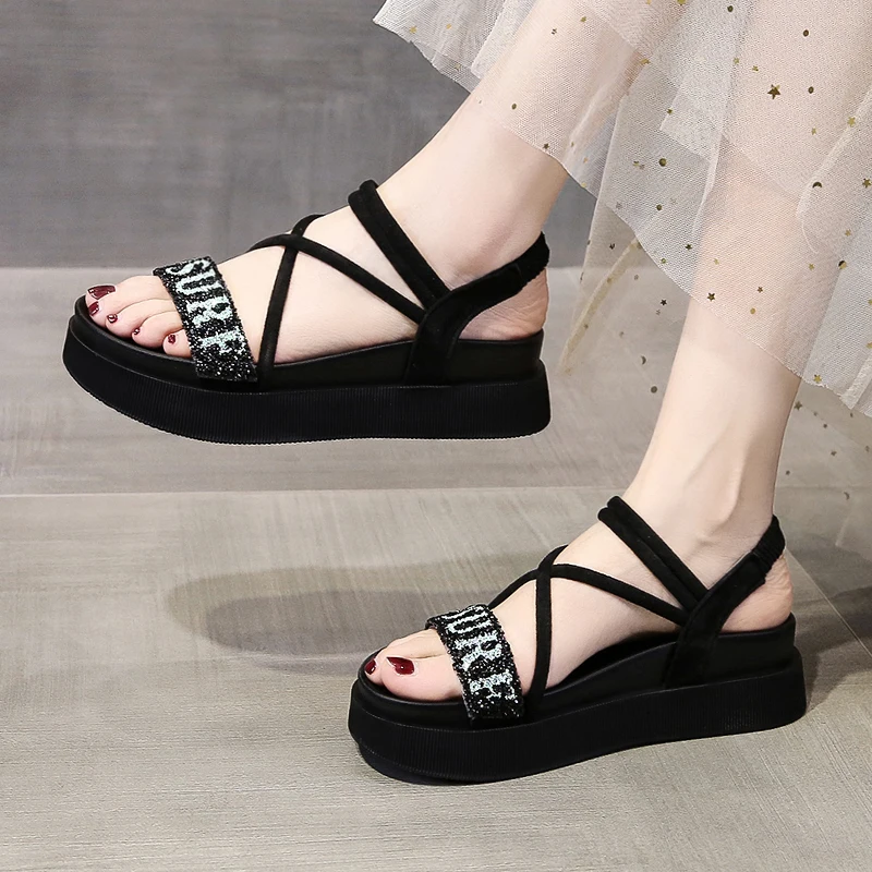 

CRLAYDK Letters Printed Women Thin Straps Platform Sandals Open Toe Casual Soft Shoes Girls Fashion Slippers Beach Flip Flops