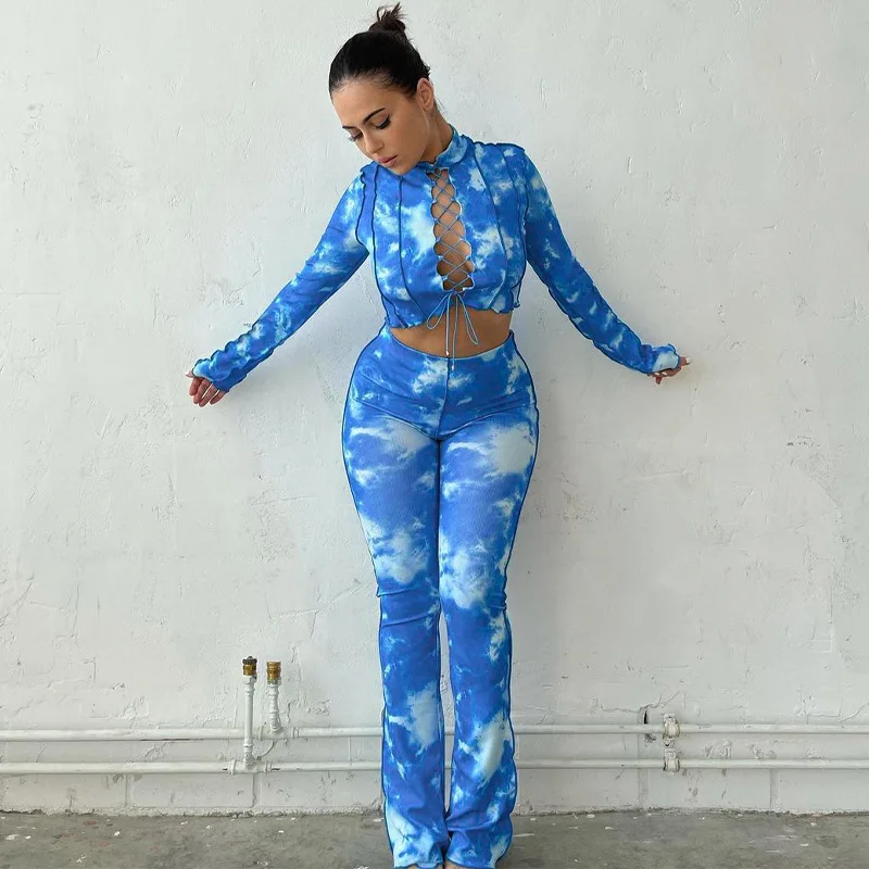

Брючный костюм Tie-Dye из двух предметов, женская осенняя одежда, ажурный топ с длинным рукавом и брюки с высокой талией, повседневный наряд, по...