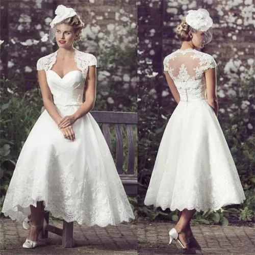 

White Short Wedding Dresses 2021 Tea Length Bride Dress Cap Sleeves Sweetheart Lace Robe De Mariee Vestido De Novia A-line Gowns