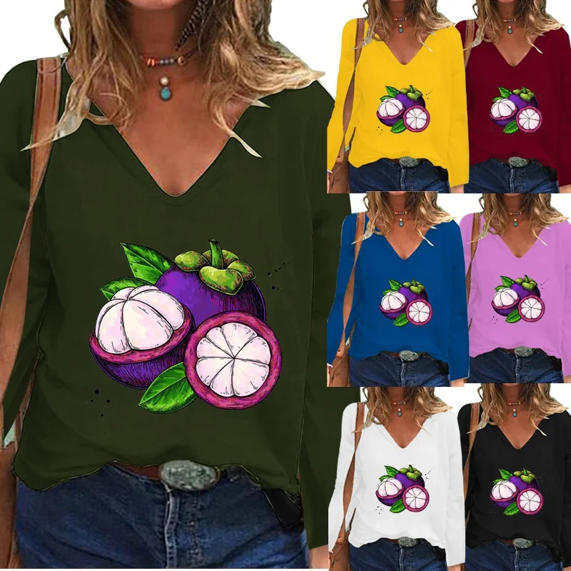 

Женская футболка с длинным рукавом, V-образным вырезом и принтом Мангостина