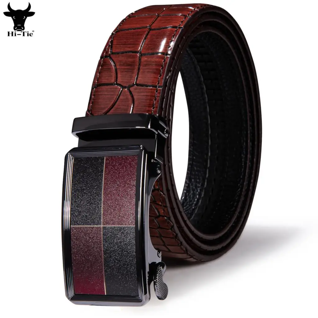 Hi-Tie Designer Automatic Buckles Mens Belts Red Burgundy Leather Ratchet Waistband Cowboy Belt for Men Jeans Dress Wedding Gift