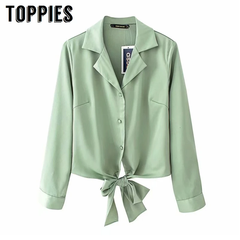 Зеленые рубашки с длинным рукавом бантом на талии женские короткие топы летние