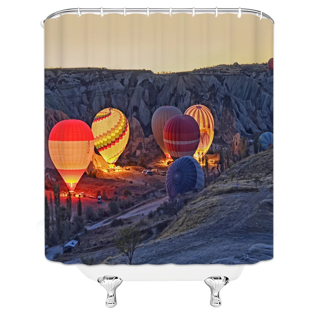 

Natural Scenery Bathroom Shower Curtain Bath Curtain With Hooks Waterproof Cloth Printed Hot Air Balloon Bath Screen Home Decor