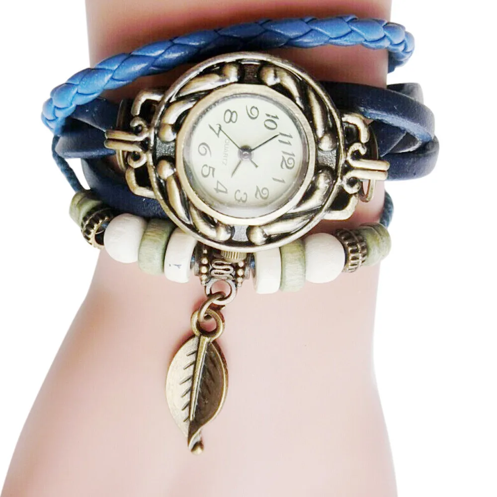 

Male Female Watch Children Quartz Men Women's Watches Retro Leather Winding Fashion Bracelet Leaf Pendant Ladies Girls Clock