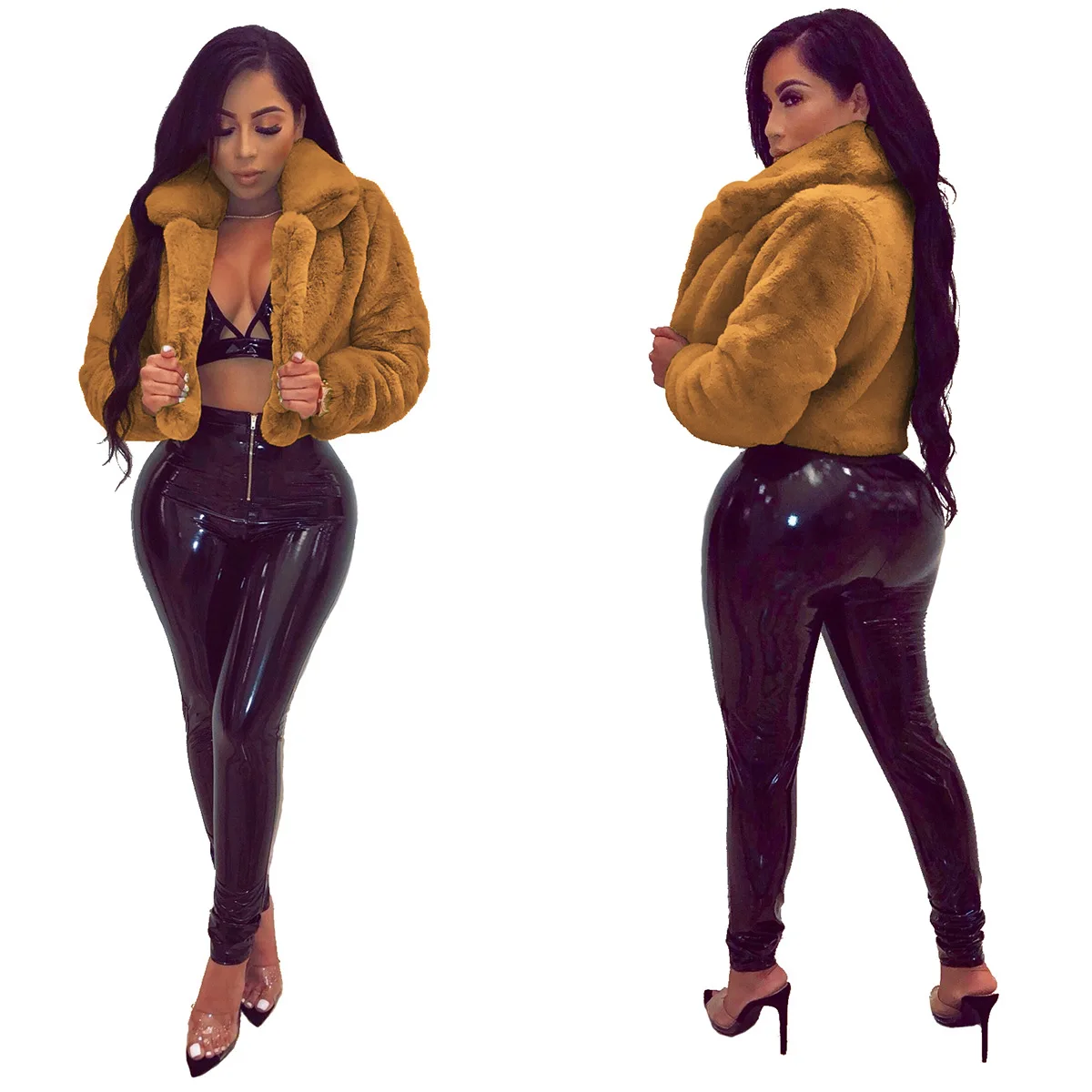 Winter Casual Women Faux Fur Coats Long Sleeve Furry Cropped Jacket Open Stitch Fluffy Overcoat Y2k Fashion Outdoor Wear