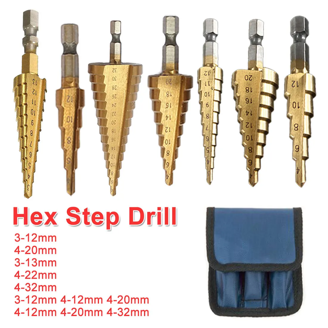 

Titanium Step Drill Bits For Metal Wood HSS Hex Shank Stepped Bit 3-12/13 4-12/20/22mm Carpenter Tools Auger Center Drill Hole