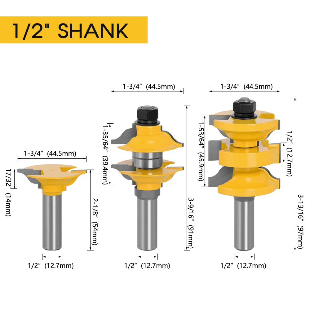 

3pc 12mm 1/2" Shank Round Over Rail Panel Raiser Stile Router Bit Set Tenon Cutter Milling Cutter for Wood for Woodworking Tool
