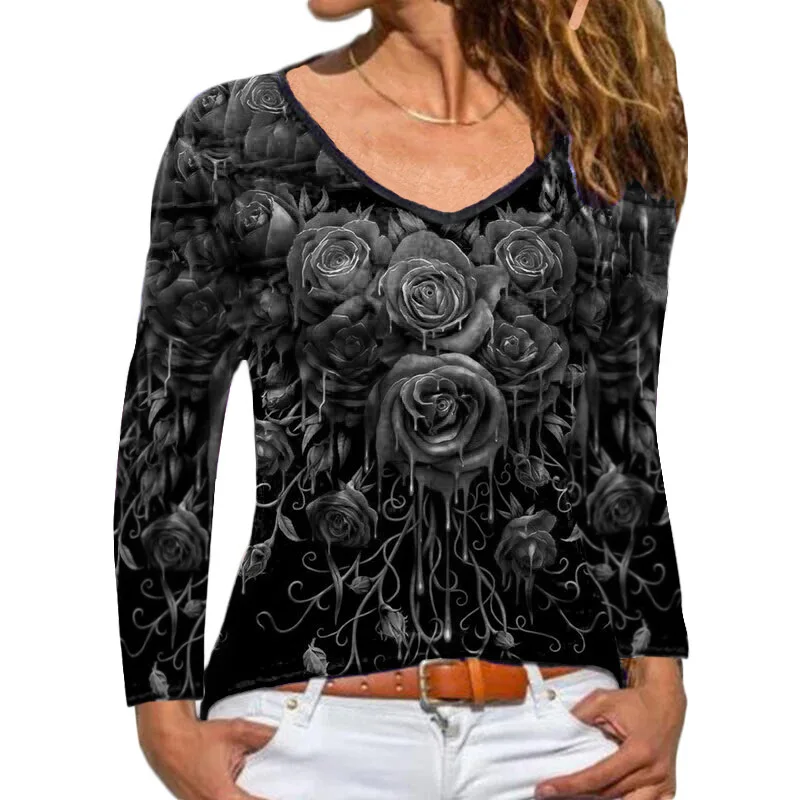 

Rose Sexy Deep V Neck Flowers Print Slim Tunic Oversized 3xl Long Sleeve Woman T Shirt Casual Summer Elegant Top 2021 Streetwear