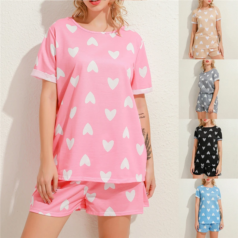 Women Summer Two Pieces Set Casual Heart Printed O Neck Short Sleeves Tops Elastic Waist Shorts Fashion Female Clothing Suit |