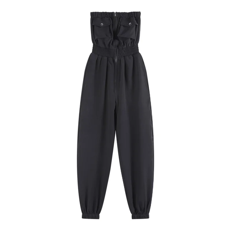 

LANMREM Black Elasti Bust Pocket Long Rompers New Personality Fashion Jumpsuits Street Style Female Tide Autumn 2021 2E1282