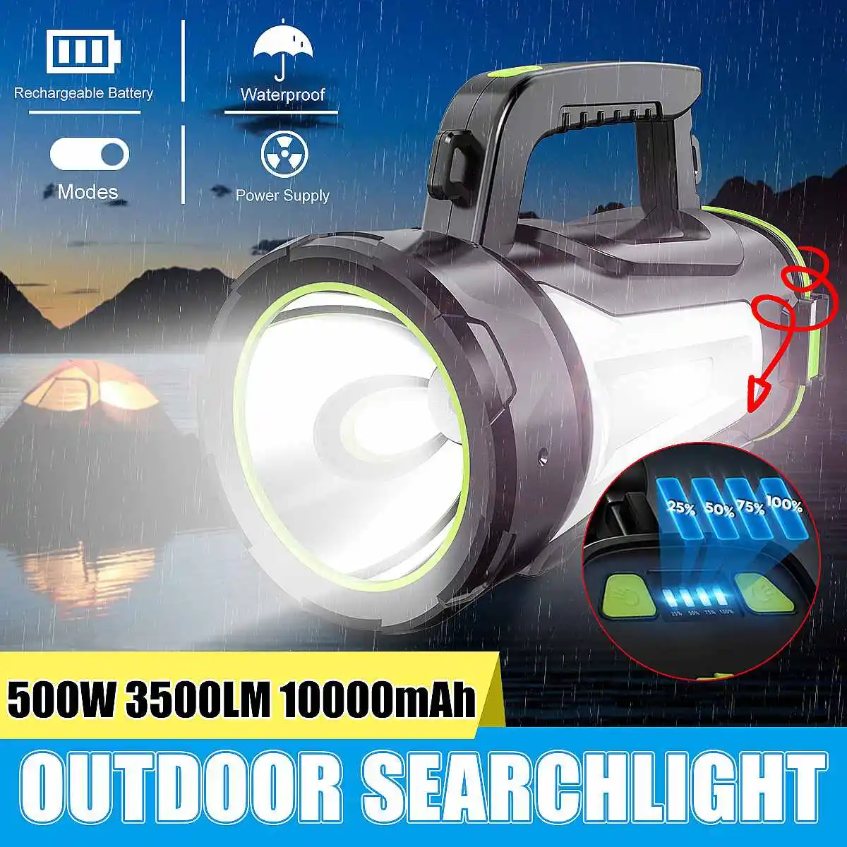 Online Torcia Da Lavoro A LED Con Ricarica USB Da 500W Torcia Da 10000mAh Batteria Lampada A Mano Lampada Da Campeggio Lanterna Proiettore Per Caccia Alla Pesca