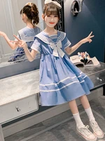 2021 new summer girls naval style dresses cotton children striped with bow clothes students dresses infant baby clothes 2 14y
