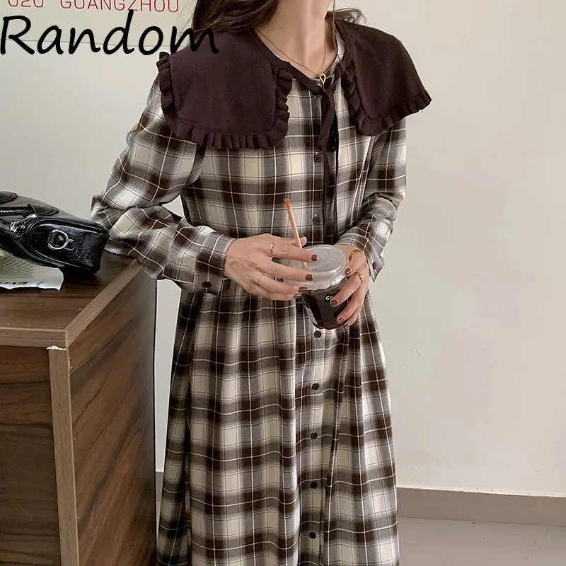 

Plus Size 4XL Women 2021 Vintage Elegant Plaid Dress Long Sleeve Single-breasted Sweet Collar Chic Party Dresses French Clothing