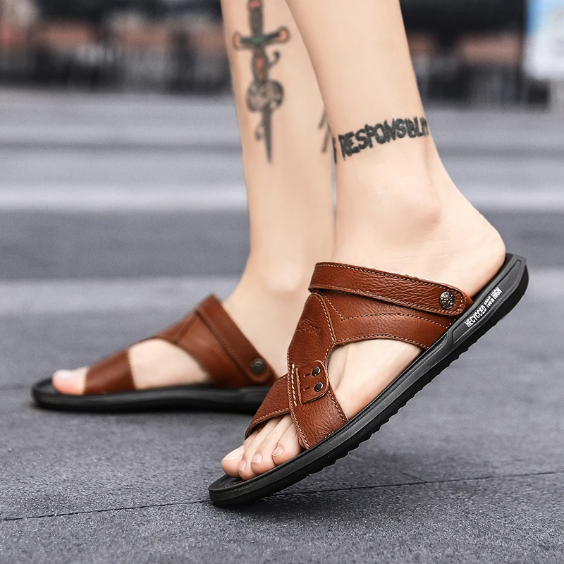2020 New Men Sandals Genuine Leather Lightweight Slippers Summer Beach Sandal Flat Rubber Wear-resistant | Обувь