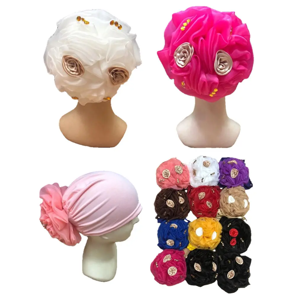 

New Woman Big Flower Turban Elastic Cloth Head Cap Hat Chemo Beanie Ladies Hair Accessories Muslim Scarf Cap for Hair 12pcs/pack