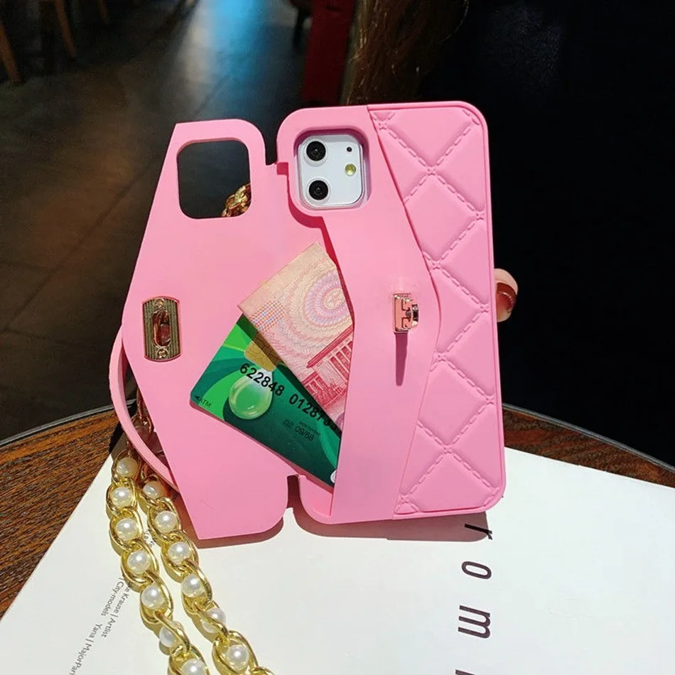 Wallet Handbag Crossbody Case For iPhone 14 13 Pro 12 Mini 11 Pro Xs Max XR 6 8 7 Plus Card Slot Silicone Cover with Strap Chain