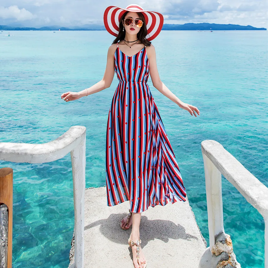Летнее платье в полоску женская одежда шифоновое пляжное на бретельках богемном