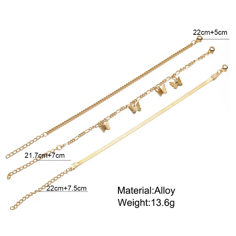 

Creative Women 3pcs/set Snake Bone Chain Butterfly Pendant Alloy Ankle Summer Beach Foot Jewelry Anklets