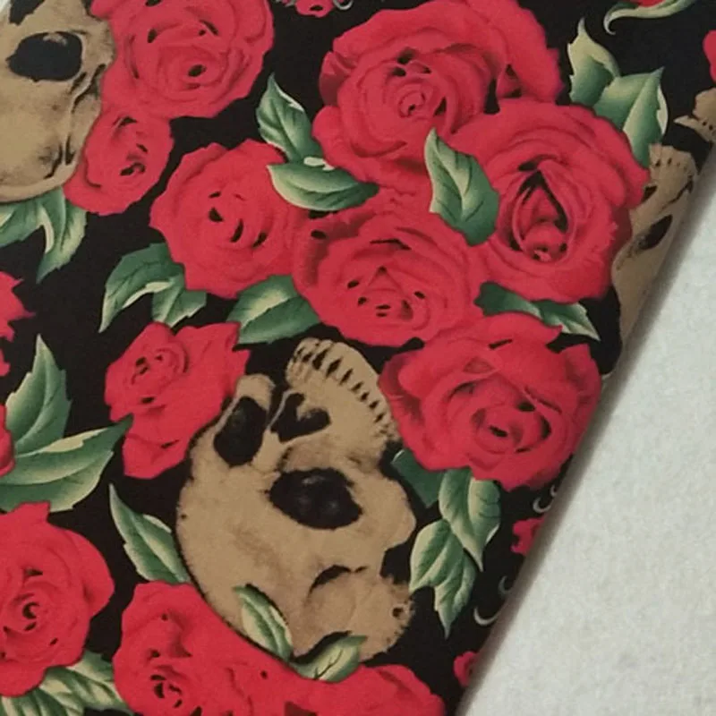 

Cotton Spandex viaPhil Halloween Red Rose Flower Skull Printed Fabric Elastic Skull Fabric Patchwork Cloth Dress Home Decor