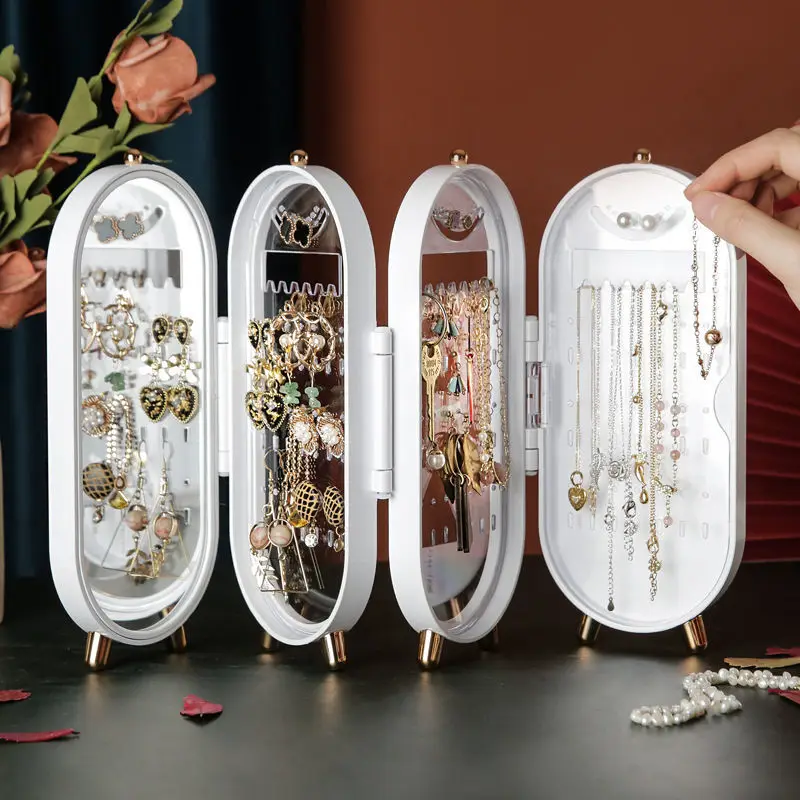 Foldable Jewelry Storage Box Earring Organizer  Display Rack for Earrings Necklace Stand 4 Doors Screen  