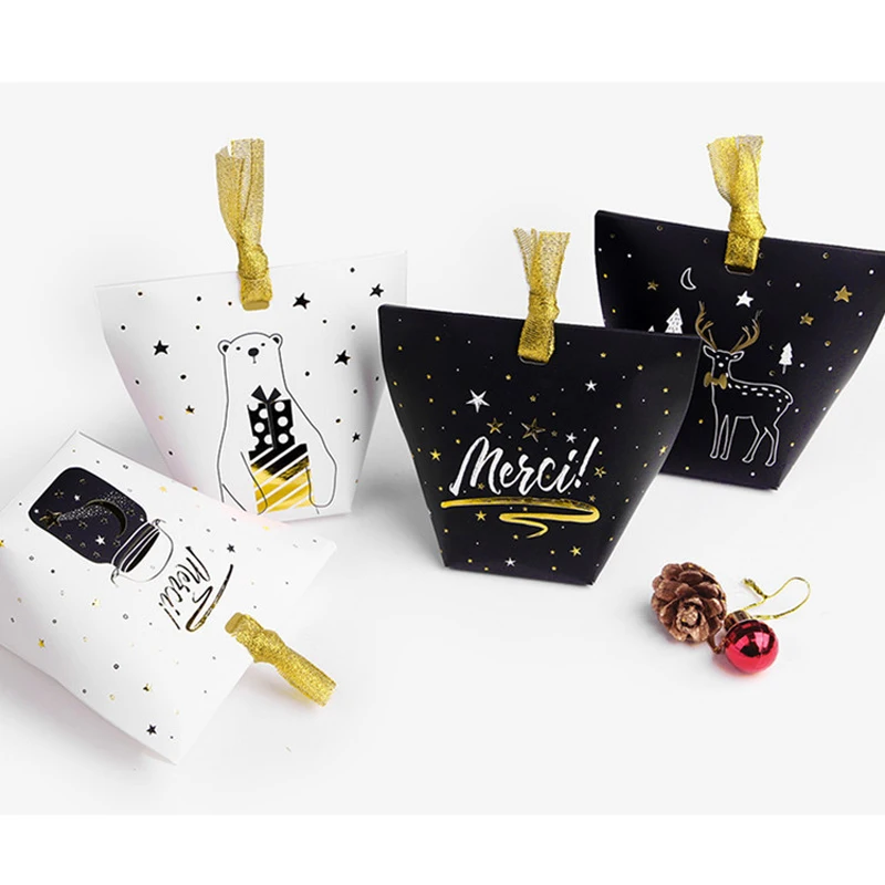 (50 pieces/lot) High Quality Christmas Elk Polar Bear Candy Box Black White Stamp French &quotMerci&quot Thank You Gift Boxes B069 | Дом и сад