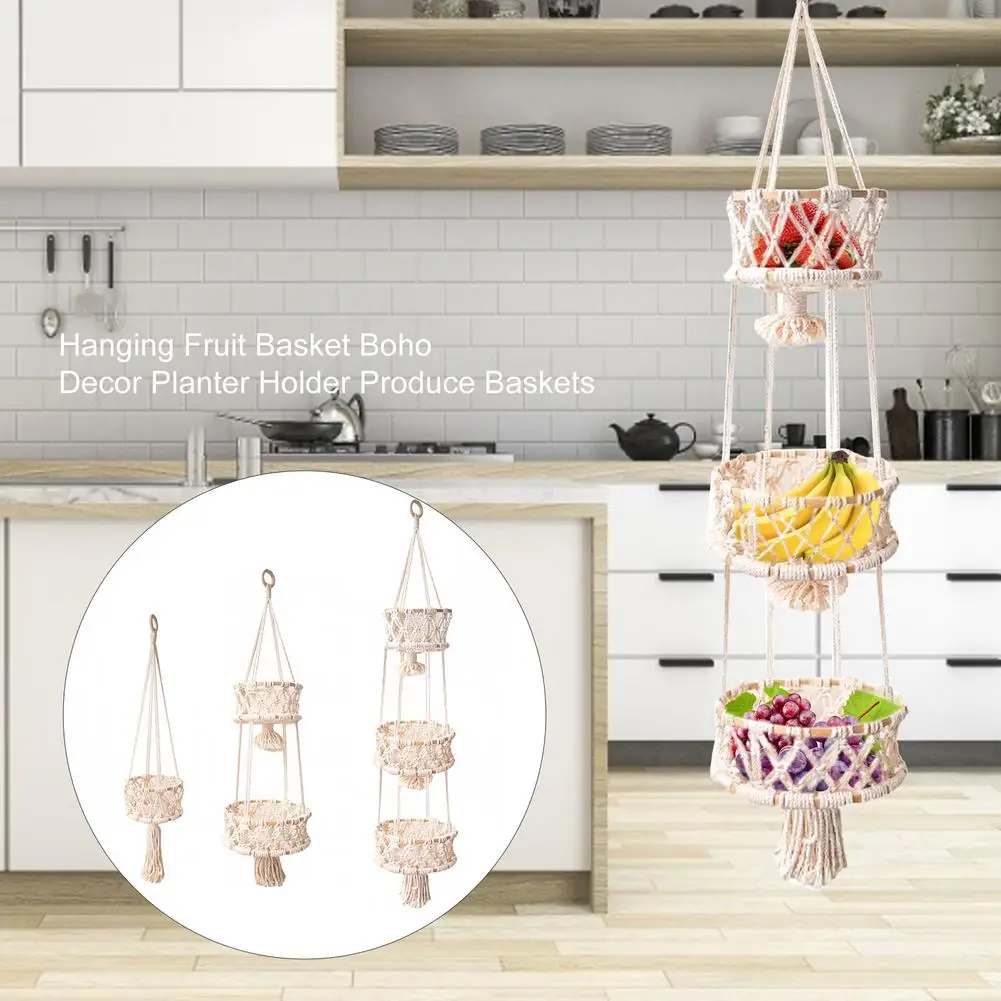 

1/2/3 Tier Hand-woven Cotton Rope Flower Pot Hanging Basket Kitchen Fruit Storage Basket Garden Rope Flower Pot Hanging Basket