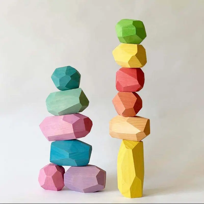 

16 Pcs Children Wooden Colored Stone Stacking Game Building Block Kids Creative Educational Toy