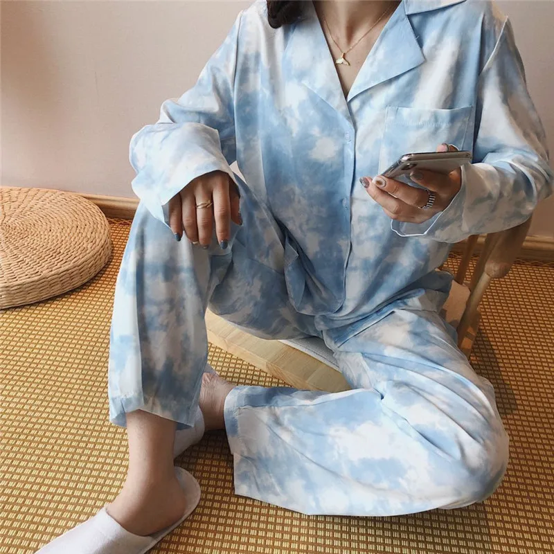 

trendy women pajamas set blue chic print home set ladies long trousers tops ladies lapel collar pj pyjamas nightwear 2pcs
