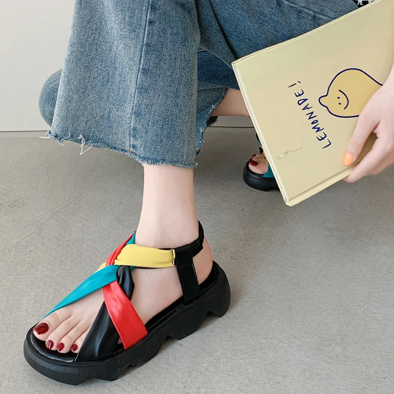 

Lucyever Mix Color Platform Heels Sandals Women Elastic Cross Strap Thick Bottom Shoes Woman Non Slip Rubber Beach Sandals Lady