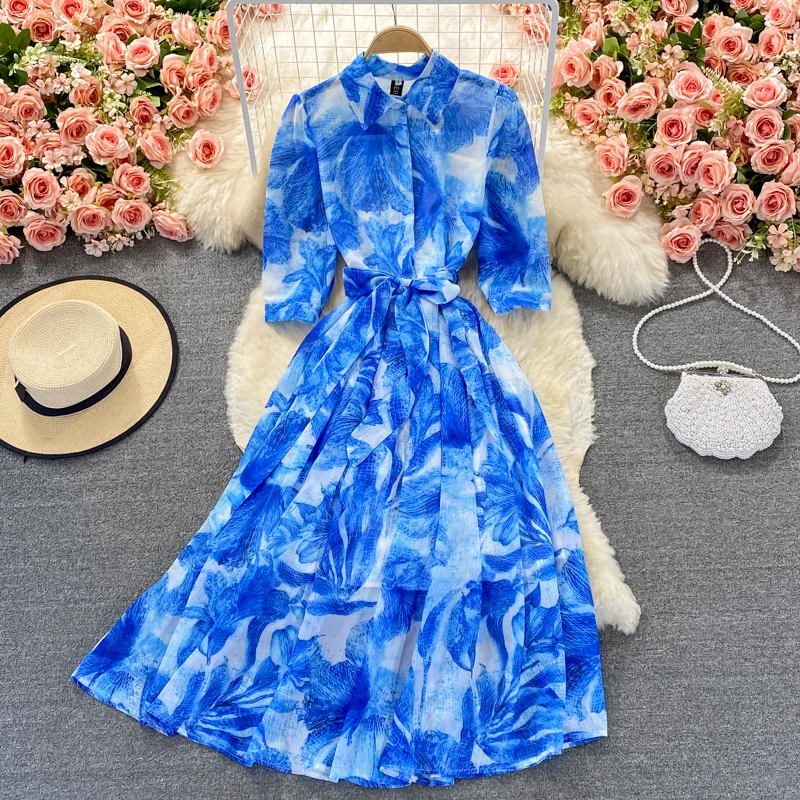 

Корейское шикарное тонкое платье с чернильным принтом, женское платье с длинными рукавами-фонариками и высокой талией для девушек, платье с...