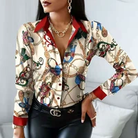 2021 spring print lady t shirts sexy v neck button tops shirt fashion casual women long sleeve blusa autumn clothes