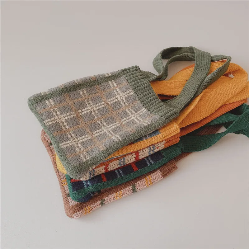 

EnkeliBB 17.5*19cm Kids Casual Bag Plaid Color Korean Style Children Boys and Girls Knitting Bags
