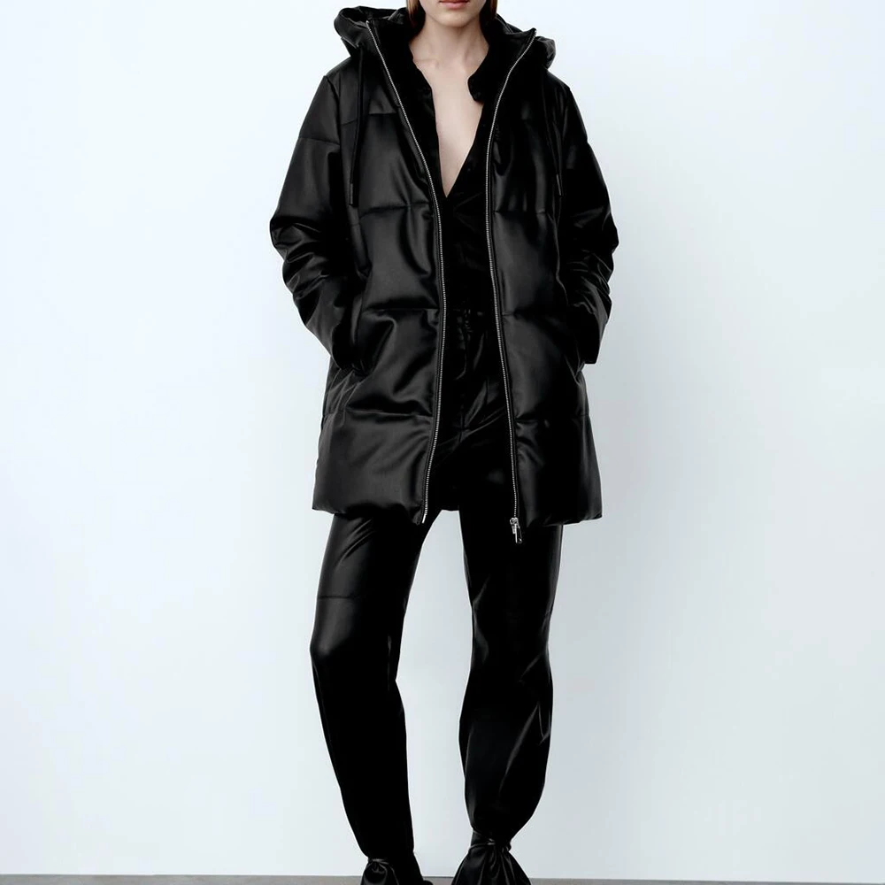 

XIKOM 2021 Black Parkas Women Fashion Hooded Long Sleeve Leather Jacket Women High Street Oversize Women Coat For Winter