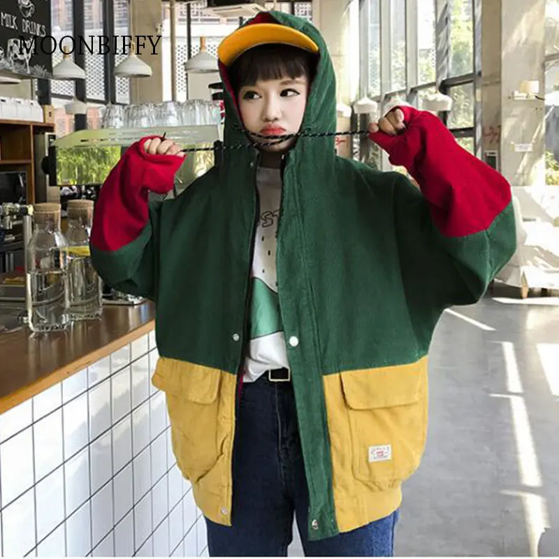 

Women Button Bella Philosophy Korean Coats Female Long Sleeve Corduroy Jacket Spring Autumn Patchwork Loose Casual Jacket Unisex