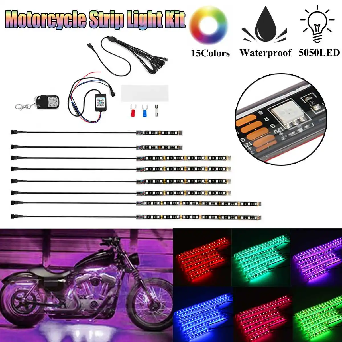 

8 шт. мотоцикл RGB светодиодный светильник полосы комплект 15 видов цветов Водонепроницаемый bluetooth 4 клавиши дальний Управление 5050SMD Underglow атмо...