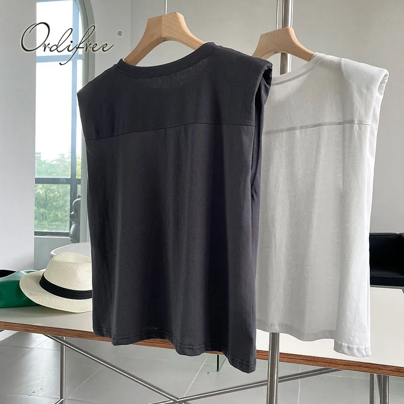 

Ordifree 2021 Summer Women White T-shirt Sleeveless Cotton Top Tees Female T Shirt Tshirts Streetwear Tops