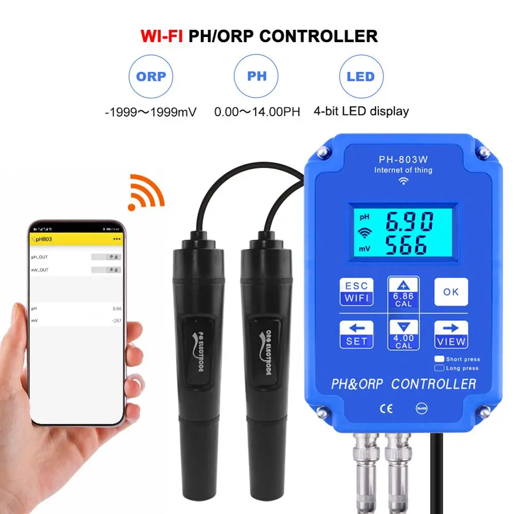 

PH-803W Wifi Monitoring Digital PH&ORP Controller BNC Probe Water Quality Tester for Hydroponics, Swimming Pool, Aquarium